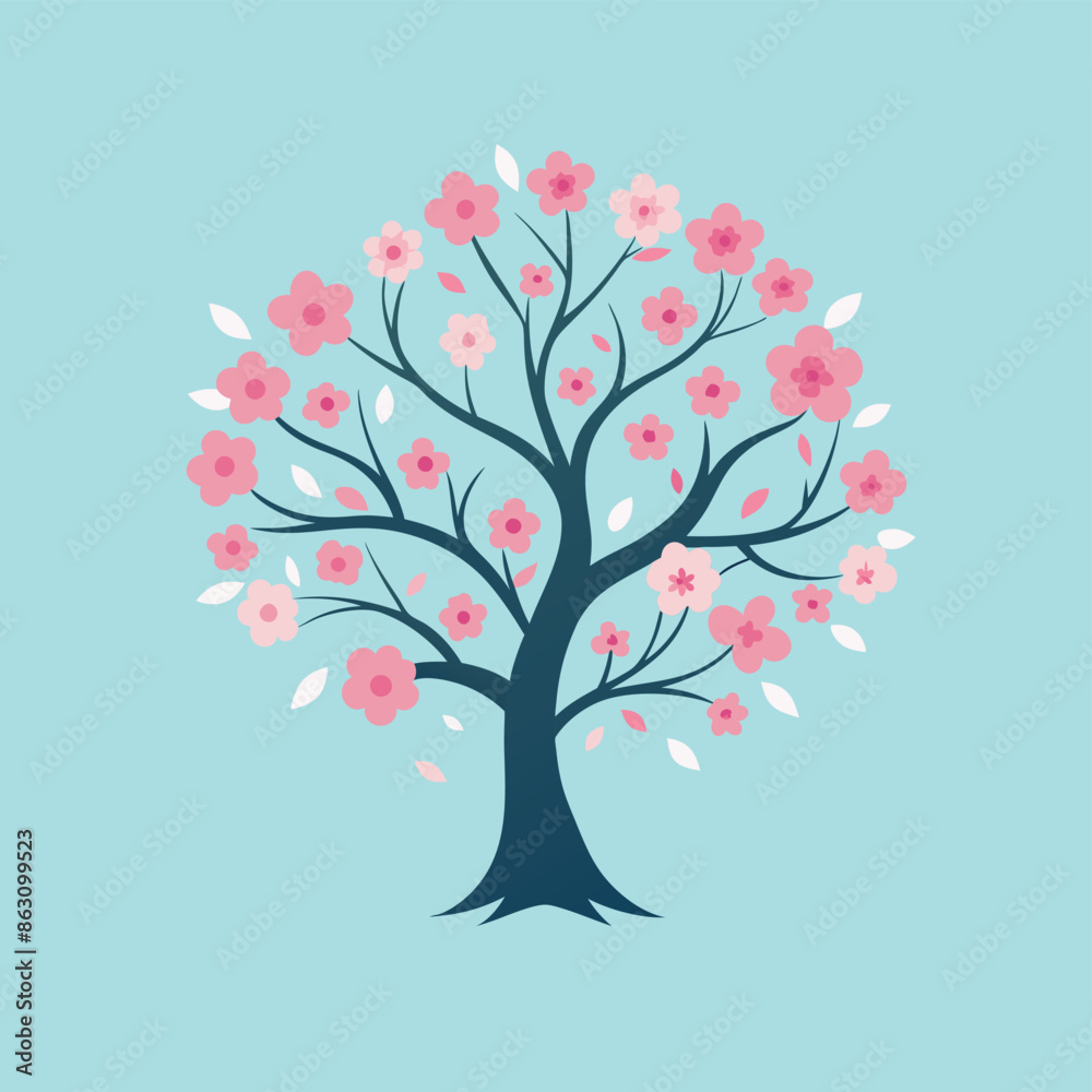 Tree with Pink Flowers and a Blue Background with Butterflies
Tree with Pink Flowers and a Blue Background with Butterflies