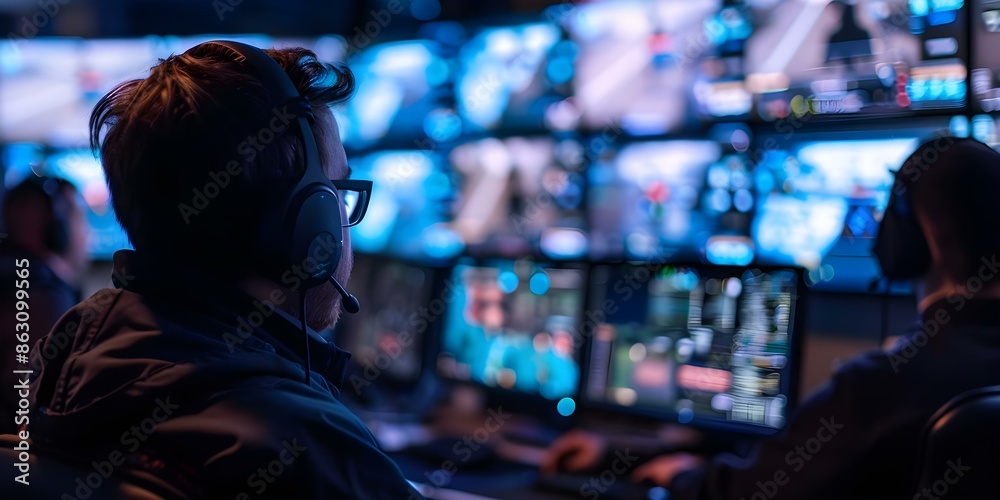 Technicians in control room oversee gaming action across screens for esports event. Concept Esports, Technicians, Control Room, Gaming Action, Screens Technicians in control room oversee gaming action across screens for esports event. Concept Esports, Technicians, Control Room, Gaming Action, Screens