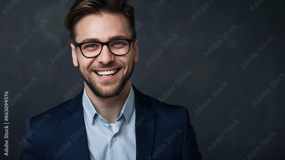 Close up portrait of a cheerful man in glasses and dark blue suit Isolated on grey background : Generative AI Close up portrait of a cheerful man in glasses and dark blue suit Isolated on grey background : Generative AI