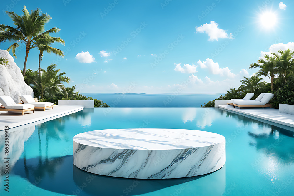 Obraz premium Podium water background product display scene 3d marble stand stone summer platform. Mockup background water beauty white podium rock space cosmetic stage blue presentation nature light pool black 