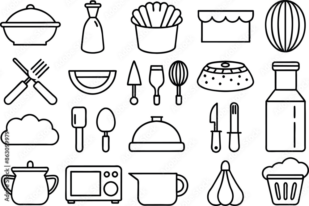 Kitchen and Food related concept Chef hat, kitchen utensils, cutting board, knife & many more, editable stroke outline icons isolated on white background flat vector illustration Kitchen and Food related concept Chef hat, kitchen utensils, cutting board, knife & many more, editable stroke outline icons isolated on white background flat vector illustration