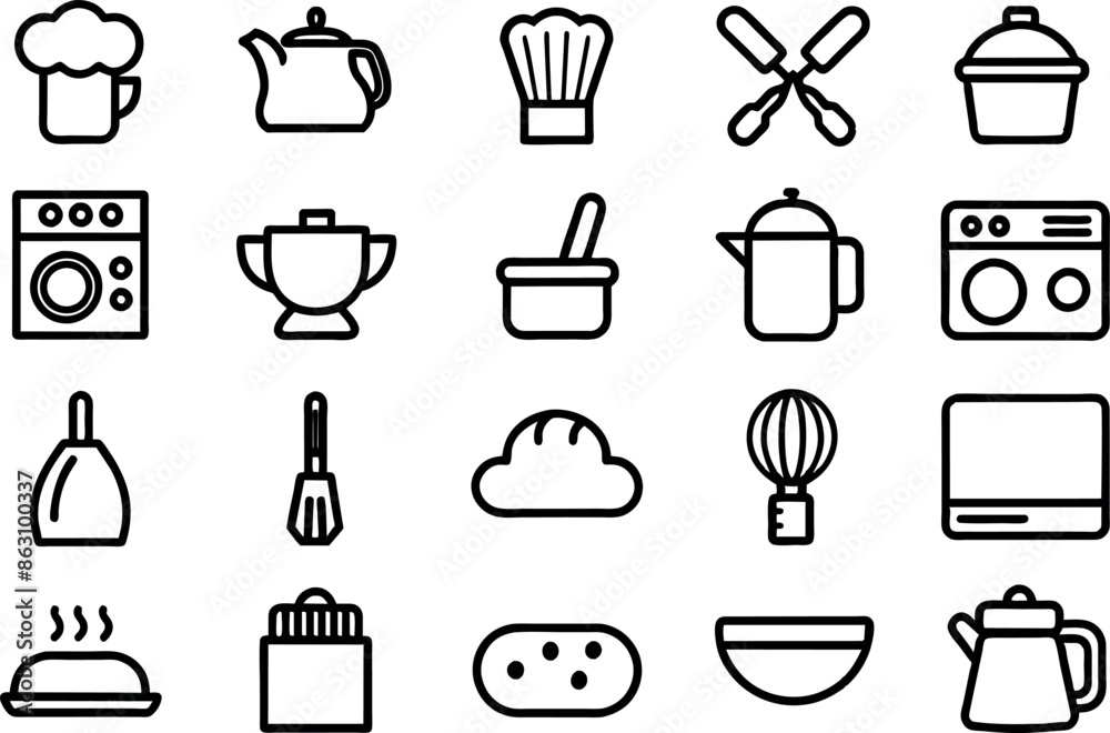 Kitchen and Food related concept Chef hat, kitchen utensils, cutting board, knife & many more, editable stroke outline icons isolated on white background flat vector illustration