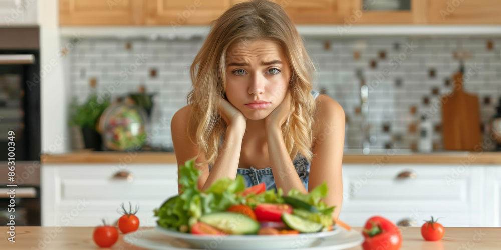 Young woman upset about her salad lunch and sitting at the dinner table Young woman upset about her salad lunch and sitting at the dinner table