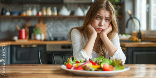 Young woman upset about her salad lunch and sitting at the dinner table