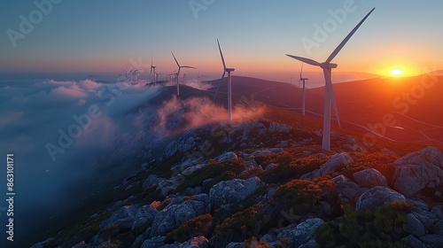 A breathtaking view of wind turbines spread across a mountain ridge at sunset, capturing the serene beauty of renewable energy sources amidst a scenic natural landscape.