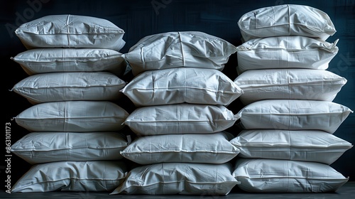 A collection of neatly stacked white pillows are shown in an orderly manner, highlighting cleanliness, comfort, and a sense of simplicity and organization in the image. photo