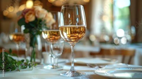 Wallpaper Mural A beautifully arranged dining table featuring wine glasses and delicate floral arrangements, capturing a sense of elegance and sophistication in a well-lit setting. Torontodigital.ca