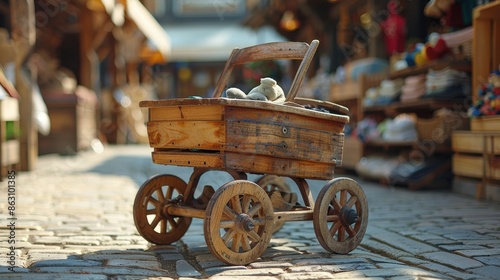 A meticulously crafted handmade wooden wagon is displayed at an outdoor market, highlighting the beauty and intricacy of traditional woodworking skills and the nostalgia of vintage toys.