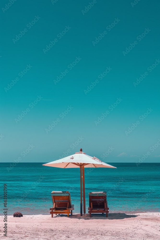 Summer concept of umbrellas and wooden deckchairs on a white sandy beach with a view of the blue sea and clear sky. Summer concept of umbrellas and wooden deckchairs on a white sandy beach with a view of the blue sea and clear sky.