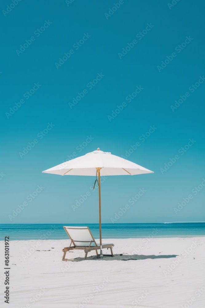 Summer concept of umbrellas and wooden deckchairs on a white sandy beach with a view of the blue sea and clear sky. Summer concept of umbrellas and wooden deckchairs on a white sandy beach with a view of the blue sea and clear sky.