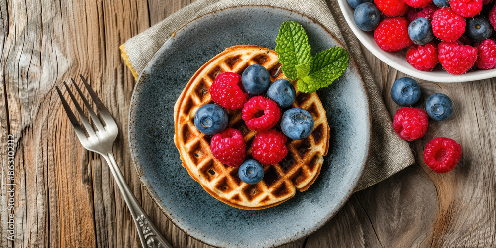 Delicious Plate of Waffles with Fresh Berries on a Wooden Table Shot from Above Delicious Plate of Waffles with Fresh Berries on a Wooden Table Shot from Above