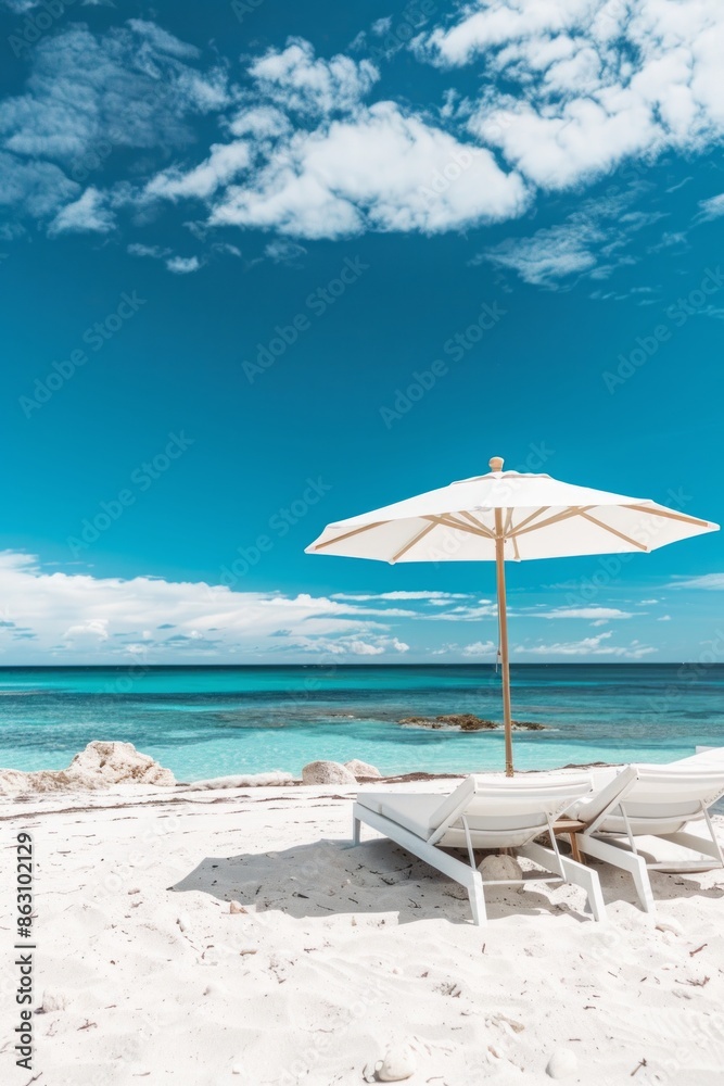 Summer concept of umbrellas and wooden deckchairs on a white sandy beach with a view of the blue sea and clear sky. Summer concept of umbrellas and wooden deckchairs on a white sandy beach with a view of the blue sea and clear sky.
