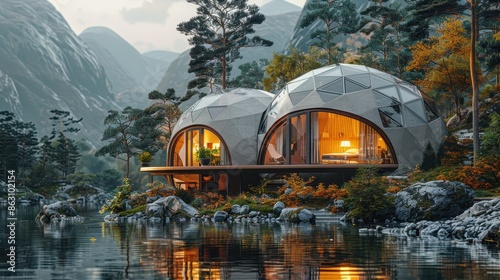 Two futuristic geodesic dome structures on the edge of a tranquil lakeside, enveloped by lush greenery and mountains, and reflecting the serene environment. photo