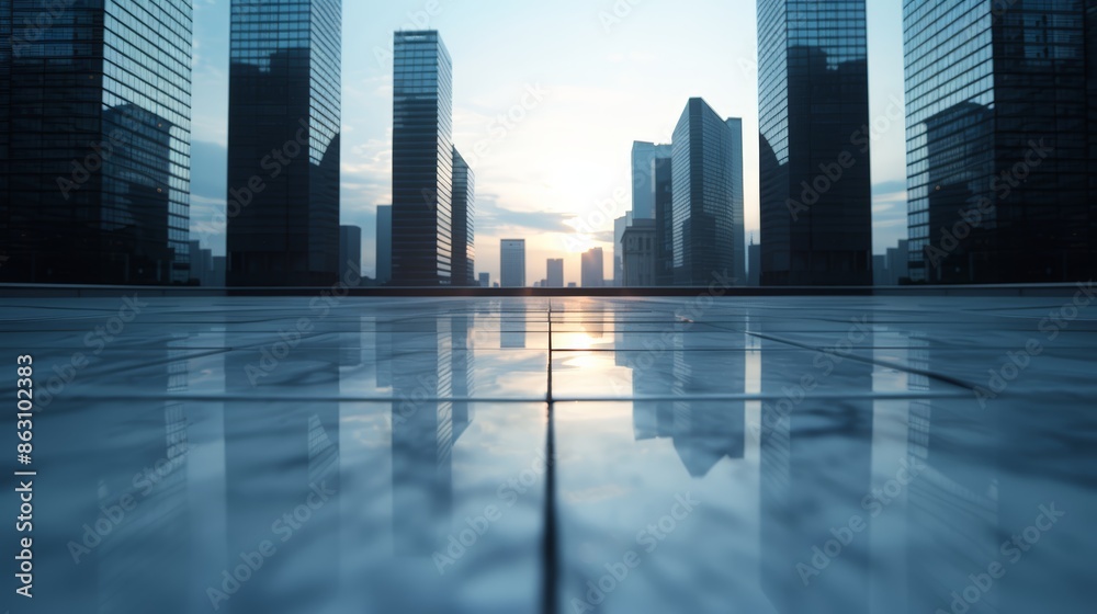 Empty downtown plaza with balanced composition, city skyline and skyscrapers in silhouette at dusk, no vehicles or people in view Empty downtown plaza with balanced composition, city skyline and skyscrapers in silhouette at dusk, no vehicles or people in view