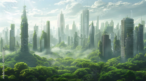 Futuristic city skyline featuring towering skyscrapers enveloped by thriving, expansive green forests © Pik_Lover