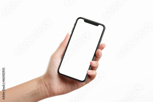 Hand holding the black smartphone with an empty blank screen, isolated on a white background