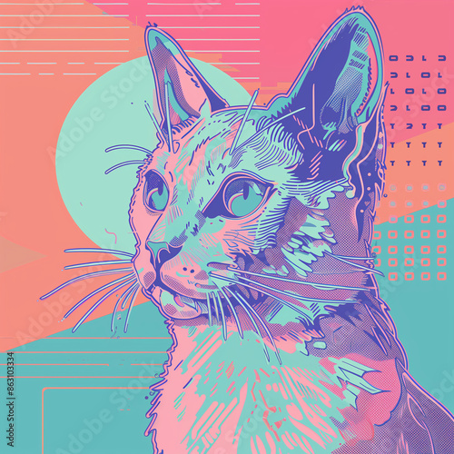 One cat looking forward against pastel geometric background