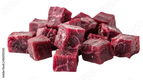 photo of fresh beef cubes, isolated on a white background