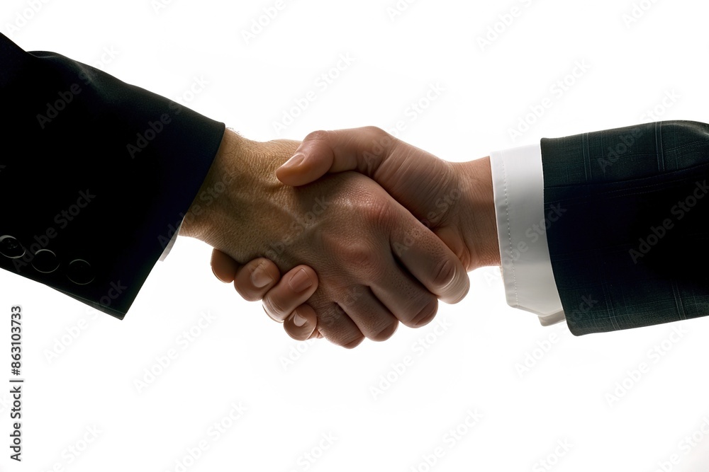  Professional people in suits shaking hands after a successful interview in a well-lit modern office. Business partnership, job interview, and professional agreement concepts on a white background