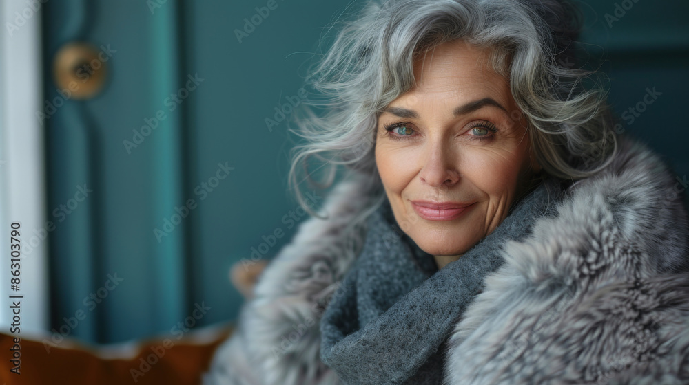 Smiling senior woman wearing fur coat against turquoise background