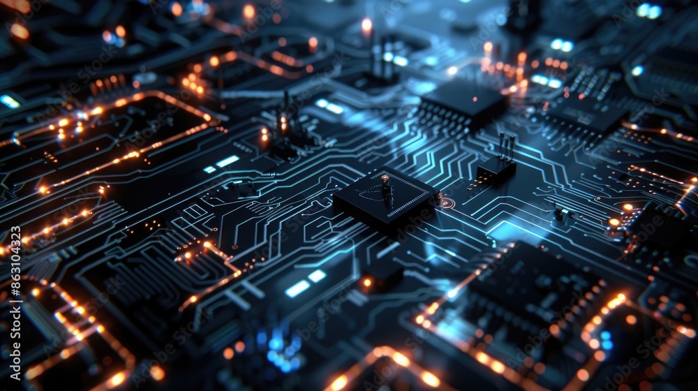 Circuit board and its elements, concept of artificial intelligence, virtual reality, code writing, data programming, technology and innovation Circuit board and its elements, concept of artificial intelligence, virtual reality, code writing, data programming, technology and innovation