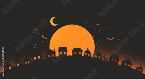 Fantasy landscape with sunset and silhouetted houses