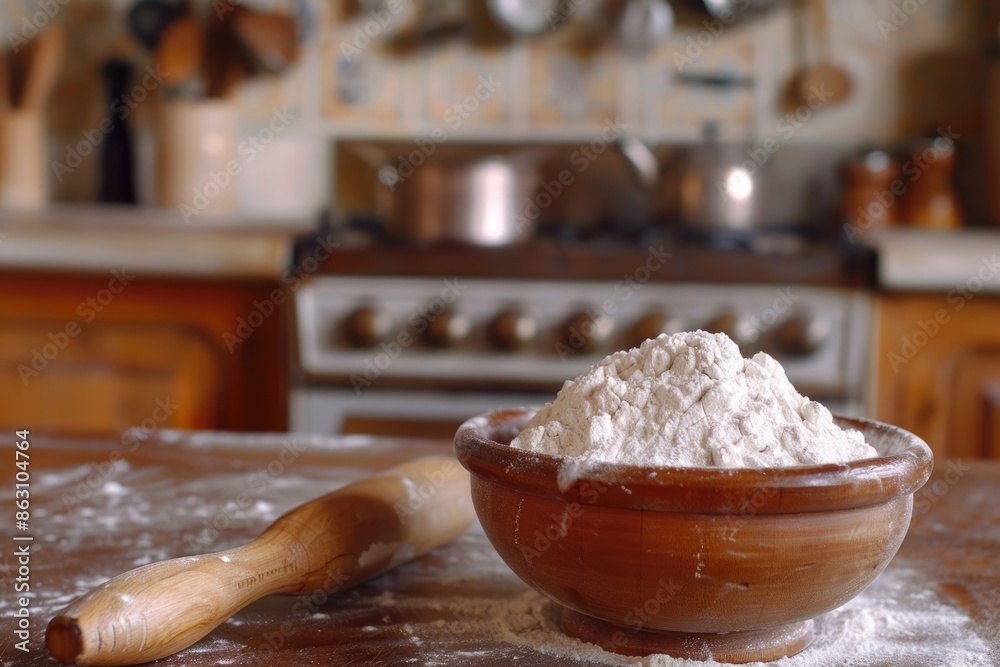 Fototapeta premium Wooden rolling pin and flour in bakehouse kitchen.