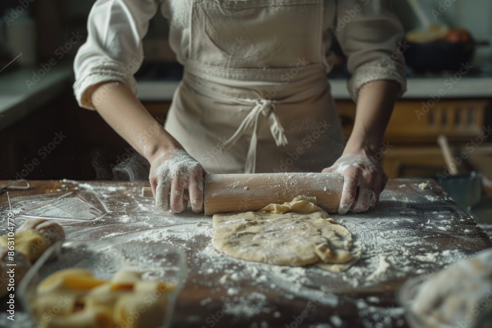 Close up of young woman rolling dough with rolling pin for homemade bakery at table Close up of young woman rolling dough with rolling pin for homemade bakery at table