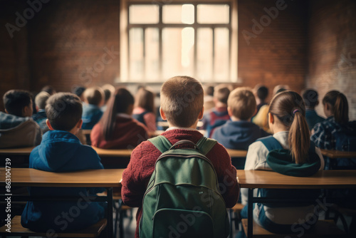 Children sit at desks in a rural school. Lesson. Education. Back to school