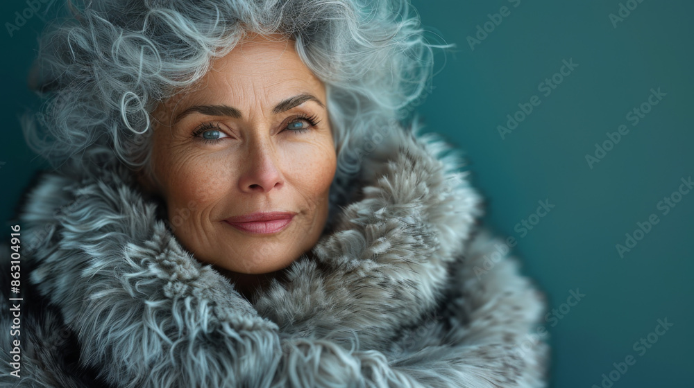 Smiling senior woman wearing fur coat against turquoise background Smiling senior woman wearing fur coat against turquoise background