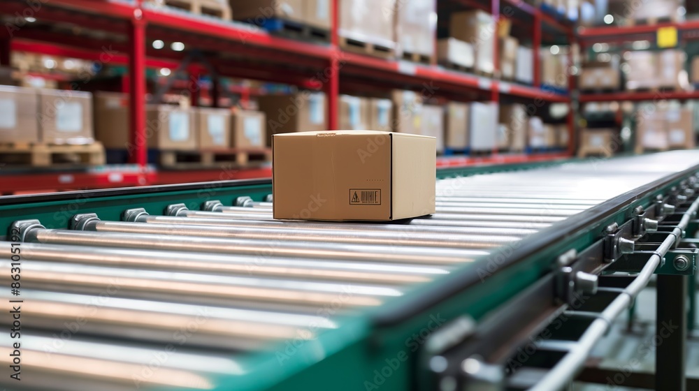 A cardboard box on a conveyor belt in a warehouse, surrounded by neatly stacked shelves. A cardboard box on a conveyor belt in a warehouse, surrounded by neatly stacked shelves.