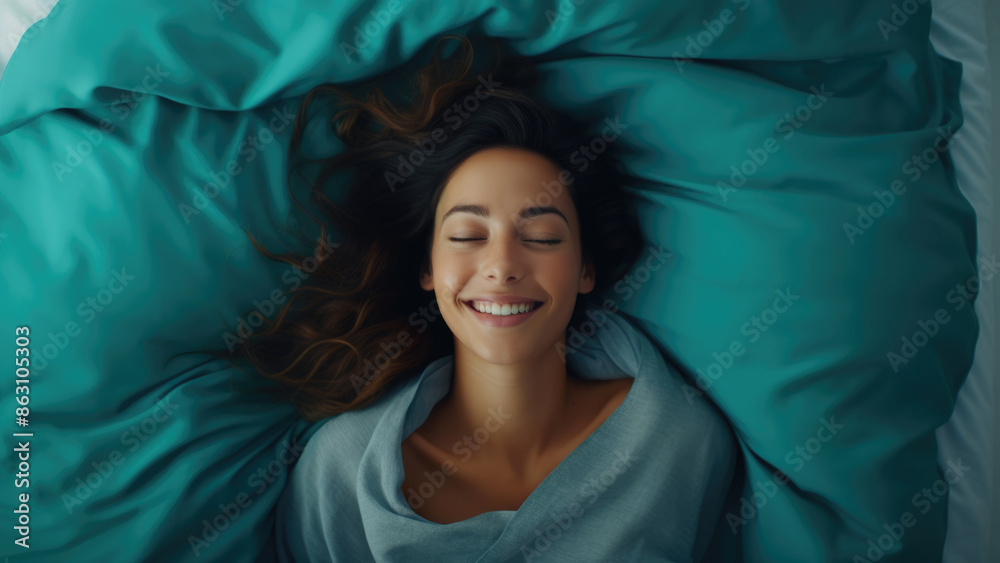 Woman with long hair smiling while lying in bed under a blue blanket. She looks calm and content.
Woman with long hair smiling while lying in bed under a blue blanket. She looks calm and content.