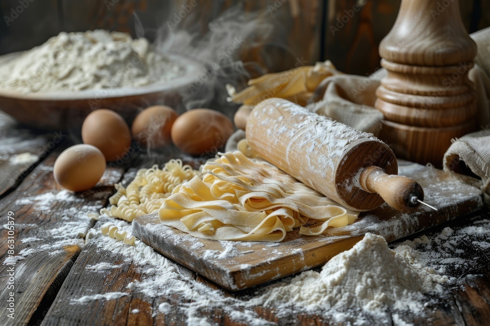 Preparing pasta dough with flour on wooden table in rustic style. Preparing pasta dough with flour on wooden table in rustic style.