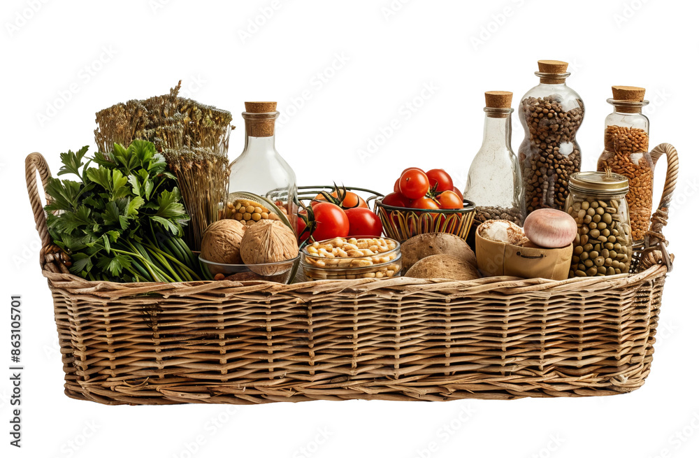 grocery items and items in a basket, in the style of ahmed morsi, dau al set