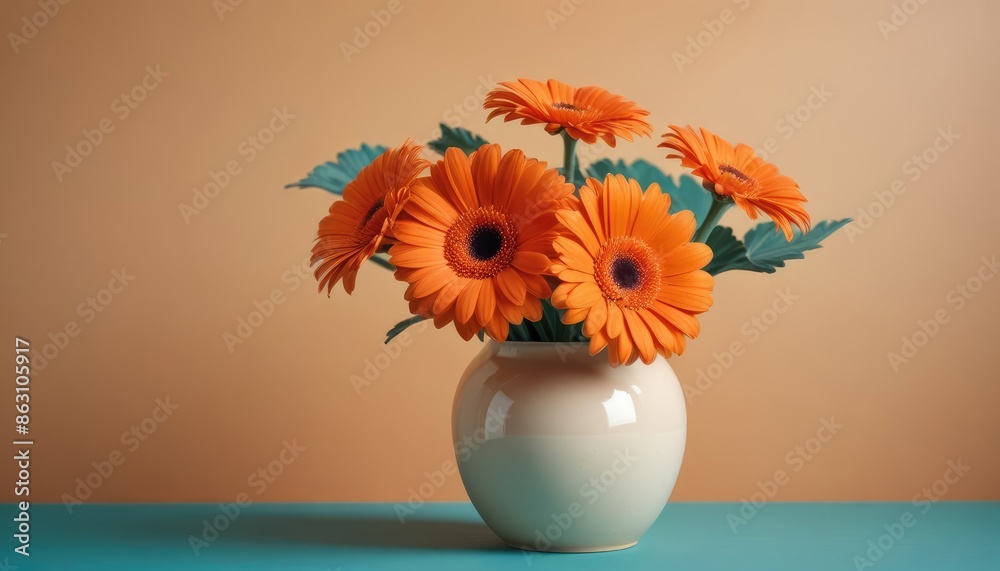 An orange gerbera daisy in a beige ceramic vase on a teal surface against an orange background An orange gerbera daisy in a beige ceramic vase on a teal surface against an orange background