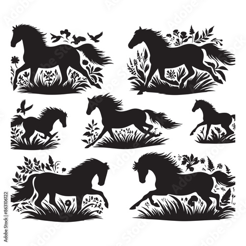 Black silhouettes of horses on a white background