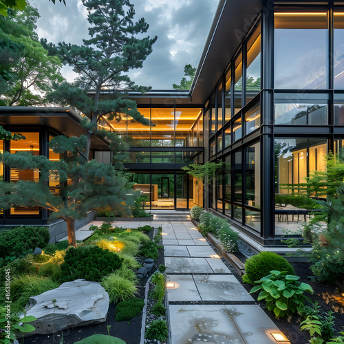 Modern glass-paneled house featuring sleek steel accents and a zen garden pathway, nestled in a bustling urban neighborhood
