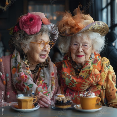 Joyful Moments: Elderly Ladies Enjoying Cake and Laughter in a Cozy Café