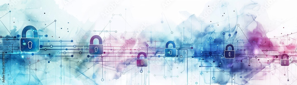 Naklejka premium Database access controlled by biometric safety, watercolor style, advanced security