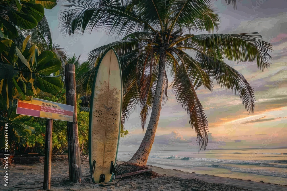 A picturesque view of a surfboard propped up against a swaying palm tree on a tropical beach, with a colorful beach sign marking the designated surfing area, all bathed in the soft light of sunset A picturesque view of a surfboard propped up against a swaying palm tree on a tropical beach, with a colorful beach sign marking the designated surfing area, all bathed in the soft light of sunset
