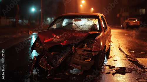 Nighttime road accident involving a car accident creating a dangerous situation. Generative AI