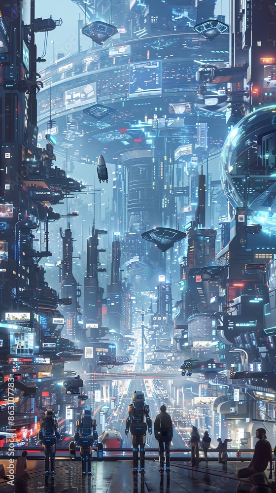 Futuristic Cyberpunk Cityscape with Flying Cars and Neon Lights Futuristic Cyberpunk Cityscape with Flying Cars and Neon Lights