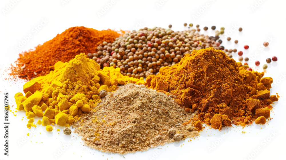 different spice piles isolated on white background different spice piles isolated on white background