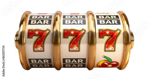 Stock image of jackpot streak 777 on slot machine isolated on a transparent background, concept of winning big in a casino