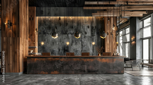 Refined hotel reception, rich wooden walls harmonizing with industrial concrete flooring, elongated wooden counters for seamless guest service, modern pendant lighting