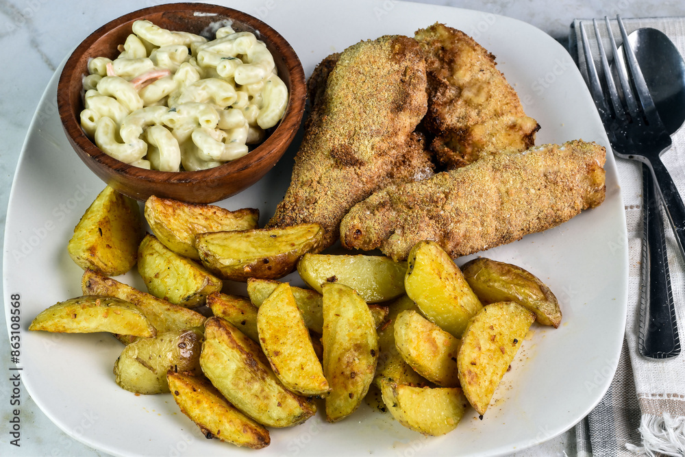 chicken tenders served with potato wedges chicken tenders served with potato wedges