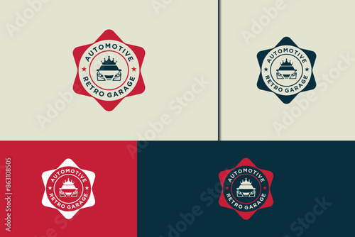 Retro automotive emblem logo design. Custom workshop with star shape badge