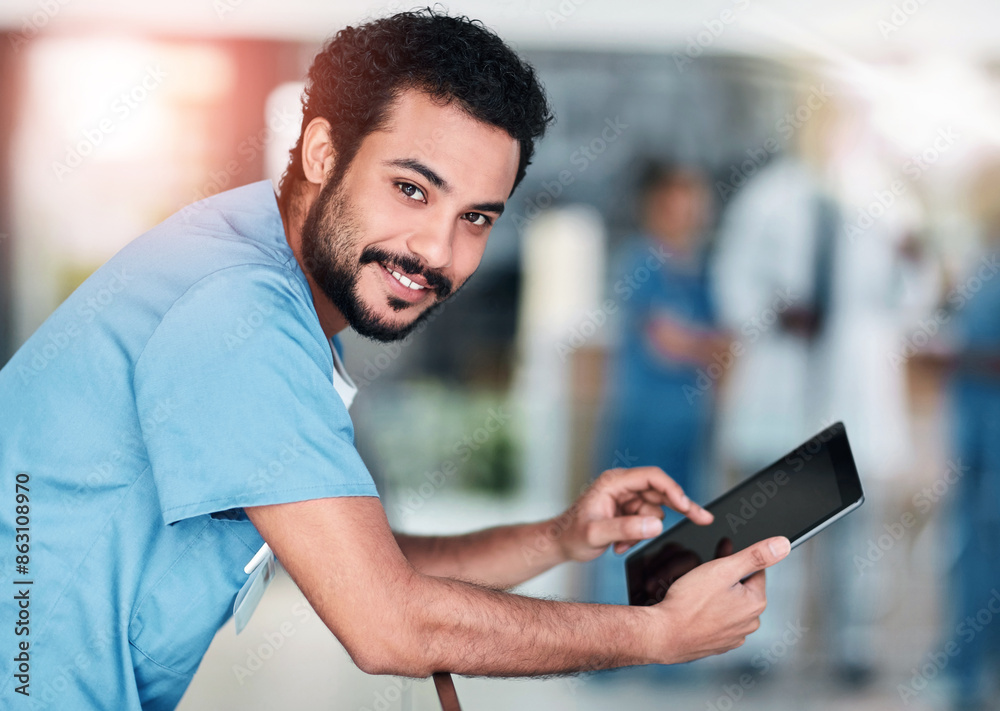 Nurse, man and tablet in portrait for healthcare, planning and medical website to research diagnosis. Male person, surgeon and online for consulting, telehealth and app for clinic patient system Nurse, man and tablet in portrait for healthcare, planning and medical website to research diagnosis. Male person, surgeon and online for consulting, telehealth and app for clinic patient system