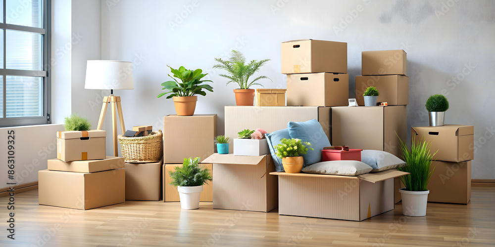 Moving boxes with various household items inside with copy space. Moving to new home, relocation, renovation, homestaging, removals and delivery service. Moving boxes with various household items inside with copy space. Moving to new home, relocation, renovation, homestaging, removals and delivery service.