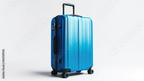 A sleek blue hard-shell suitcase with a retractable handle and four wheels, standing on a plain background. The suitcase exudes modernity and functionality.